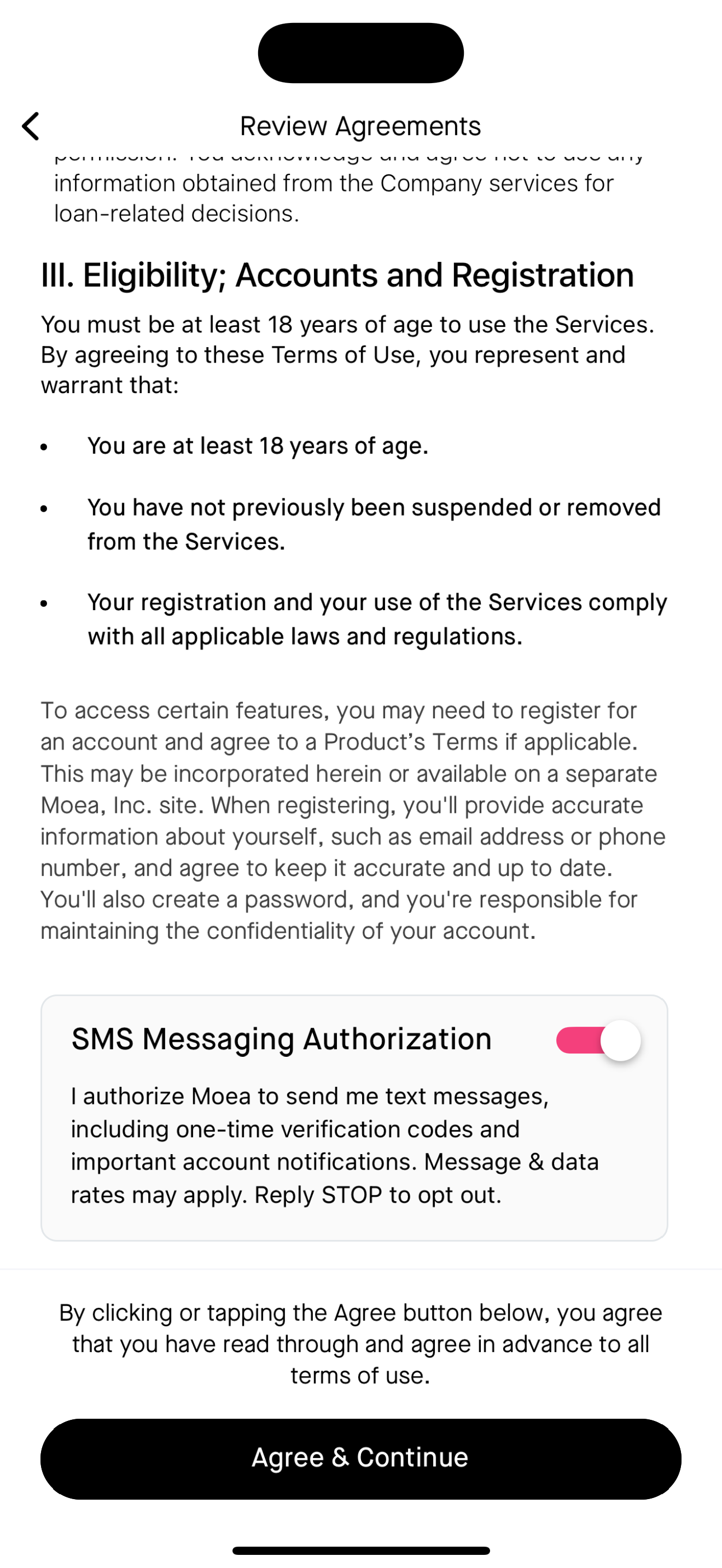 In‑app screen showing an SMS enable toggle